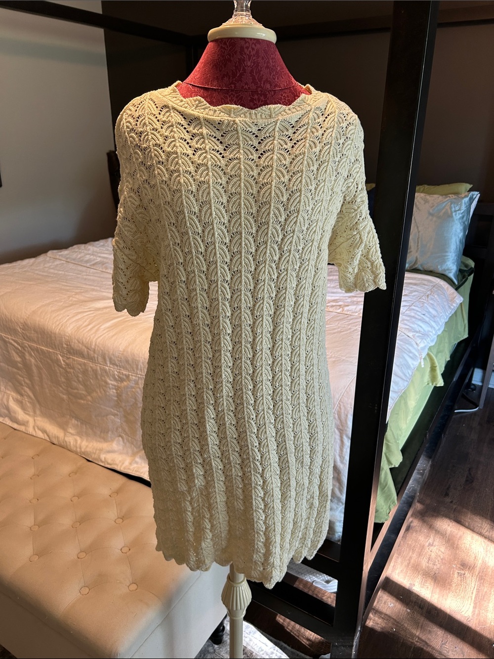 a new day Cream Crochet Knit Short Sleeve Sweater Dress